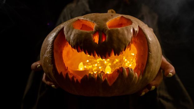 The witch is holding a pumpkin jack about a lantern glowing in the dark. Halloween