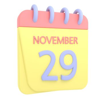 29th November 3D calendar icon. Web style. High resolution image. White background