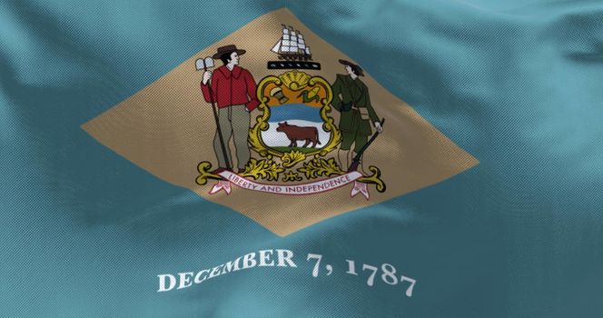 The state flag of Delaware waving in the wind. Delaware is a state in the Mid-Atlantic region of the United States. Democracy and independence. US state.