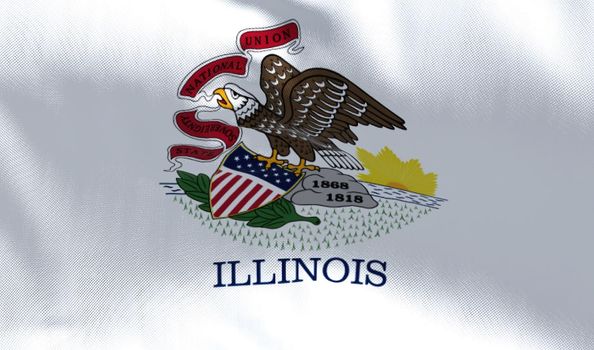 The US state flag of Illinois waving in the wind. Illinois is a state in the Midwestern region of the United States. Democracy and independence.
