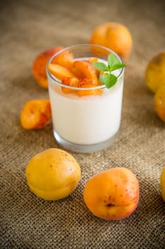 Healthy breakfast of homemade yogurt in a glass with fresh apricots on the table.