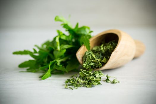 dried green organic arugula, seasoning, on a light wooden background