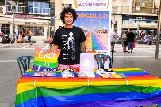 Santa Pola, Alicante, Spain- July 2, 2022: Merchandise Stands selling flags and other items at the Gay Pride Festival in Santa Pola