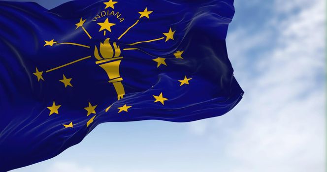 The US state flag of Indiana waving in the wind. Indiana is a U.S. state in the Midwestern United States. Democracy and independence.