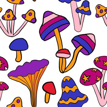 Seamless hand drawn pattern with hippie groovy mushrooms in orange purple blue red colors. Retro vintage 1960s 1970s style, trippy wild bright background with hallucination hypnotic elements