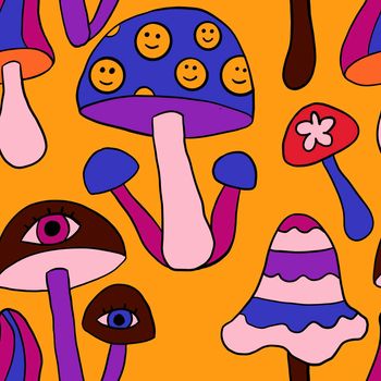 Seamless hand drawn pattern with hippie groovy mushrooms in orange purple blue red colors. Retro vintage 1960s 1970s style, trippy wild bright background with hallucination hypnotic elements