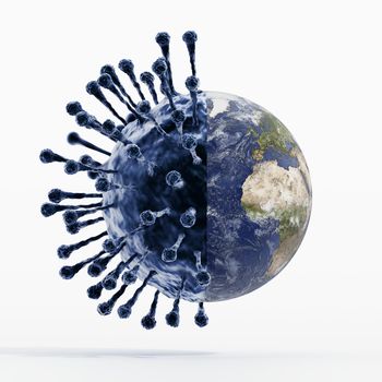 Virus with globe in one half. Global pandemic concept. 3D illustration.