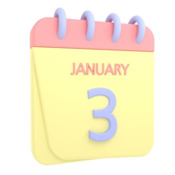 3rd January 3D calendar icon. Web style. High resolution image. White background