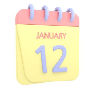 12th January 3D calendar icon. Web style. High resolution image. White background