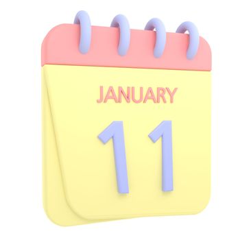 11th January 3D calendar icon. Web style. High resolution image. White background