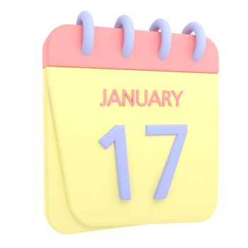 17th January 3D calendar icon. Web style. High resolution image. White background