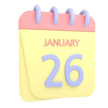 26th January 3D calendar icon. Web style. High resolution image. White background