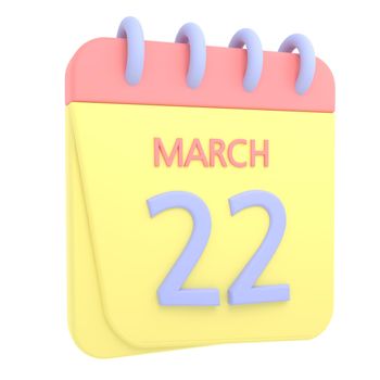 22nd March 3D calendar icon. Web style. High resolution image. White background