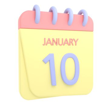 10th January 3D calendar icon. Web style. High resolution image. White background