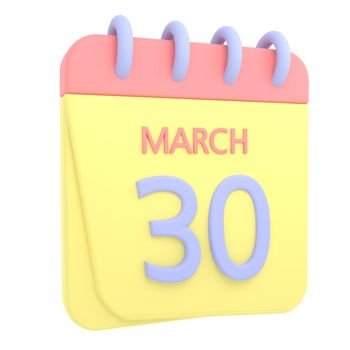 30th March 3D calendar icon. Web style. High resolution image. White background