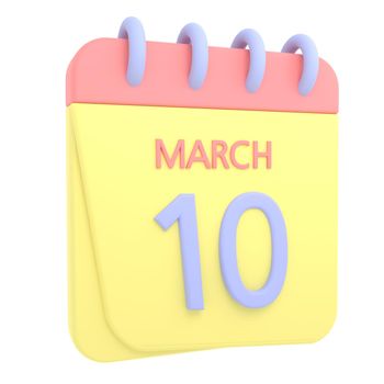 10th March 3D calendar icon. Web style. High resolution image. White background