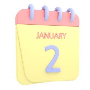 2nd January 3D calendar icon. Web style. High resolution image. White background