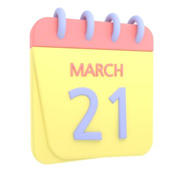 21st March 3D calendar icon. Web style. High resolution image. White background