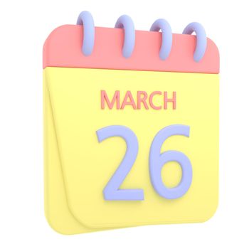 26th March 3D calendar icon. Web style. High resolution image. White background