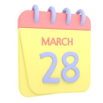 28th March 3D calendar icon. Web style. High resolution image. White background