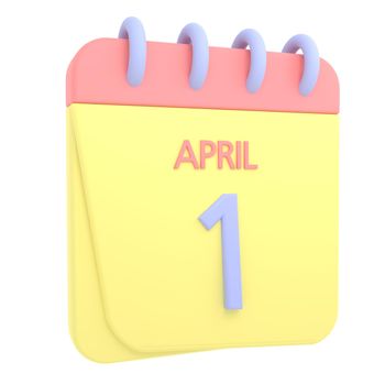 1st April 3D calendar icon. Web style. High resolution image. White background