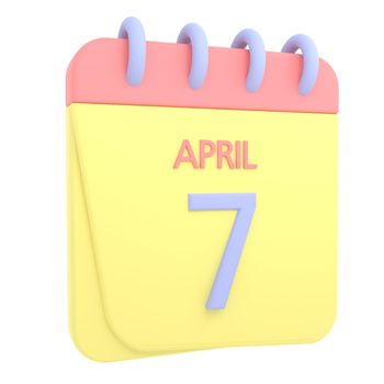 7th April 3D calendar icon. Web style. High resolution image. White background