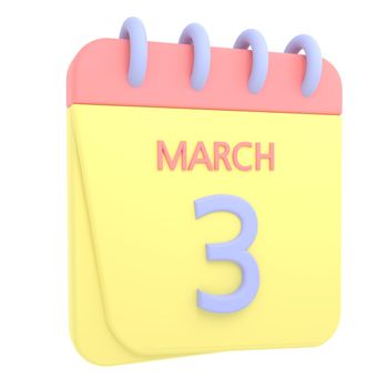 3rd March 3D calendar icon. Web style. High resolution image. White background