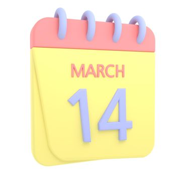 14th March 3D calendar icon. Web style. High resolution image. White background
