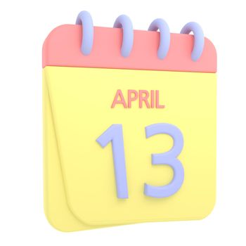 13th April 3D calendar icon. Web style. High resolution image. White background