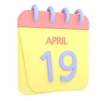 19th April 3D calendar icon. Web style. High resolution image. White background