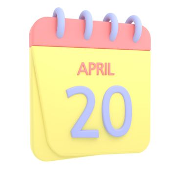 20th April 3D calendar icon. Web style. High resolution image. White background
