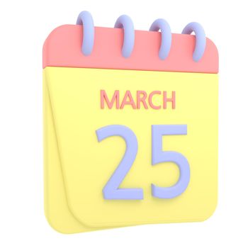 25th March 3D calendar icon. Web style. High resolution image. White background