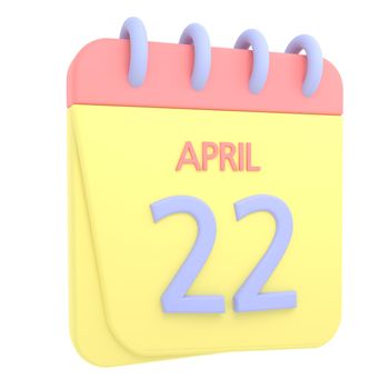22nd April 3D calendar icon. Web style. High resolution image. White background