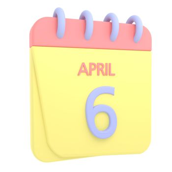 6th April 3D calendar icon. Web style. High resolution image. White background