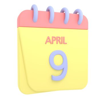 9th April 3D calendar icon. Web style. High resolution image. White background