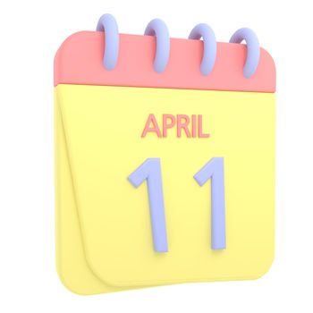 11th April 3D calendar icon. Web style. High resolution image. White background