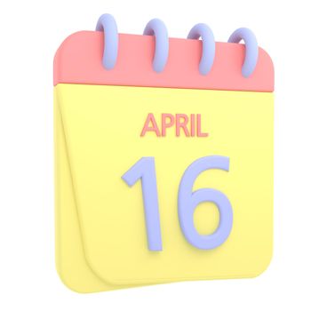 16th April 3D calendar icon. Web style. High resolution image. White background