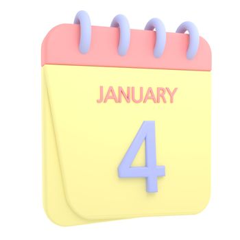 4th January 3D calendar icon. Web style. High resolution image. White background