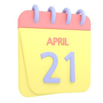 21st April 3D calendar icon. Web style. High resolution image. White background