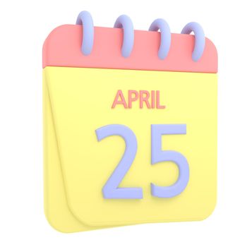 25th April 3D calendar icon. Web style. High resolution image. White background