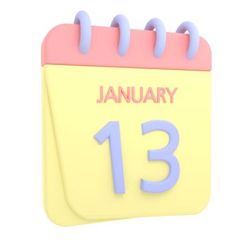13th January 3D calendar icon. Web style. High resolution image. White background