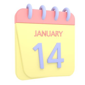 14th January 3D calendar icon. Web style. High resolution image. White background