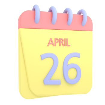 26th April 3D calendar icon. Web style. High resolution image. White background