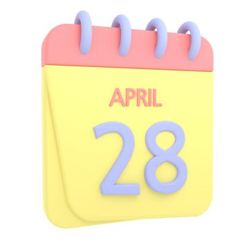 28th April 3D calendar icon. Web style. High resolution image. White background
