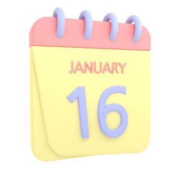 16th January 3D calendar icon. Web style. High resolution image. White background