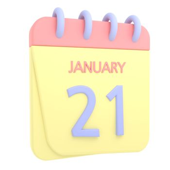 21st January 3D calendar icon. Web style. High resolution image. White background