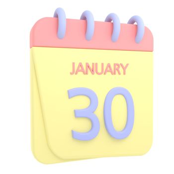 30th January 3D calendar icon. Web style. High resolution image. White background