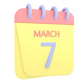 7th March 3D calendar icon. Web style. High resolution image. White background