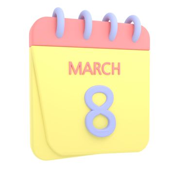 8th March 3D calendar icon. Web style. High resolution image. White background