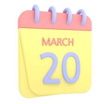 20th March 3D calendar icon. Web style. High resolution image. White background
